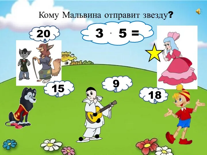 Кому Мальвина отправит звезду? 3 ⋅ 5 = 20 15 9 18