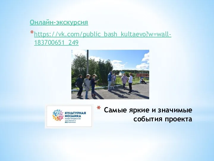 Самые яркие и значимые события проекта Онлайн-экскурсия https://vk.com/public_bash_kultaevo?w=wall-183700651_249