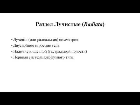 Раздел Лучистые (Radiata) Лучевая (или радиальная) симметрия Двуслойное строение тела Наличие кишечной