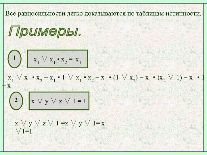 Все равносильности легко доказываются по таблицам истинности. Примеры. 1 х1 ∨ x1