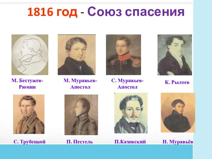 1816 год - Союз спасения М. Бестужев-Рюмин М. Муравьев-Апостол С. Муравьев-Апостол С.