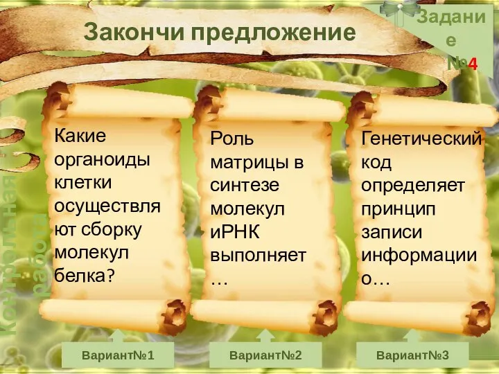 Контрольная работа Задание №4 Вариант№1 Вариант№2 Вариант№3 Закончи предложение Какие органоиды клетки