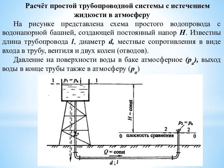 Расчёт простой трубопроводной системы с истечением жидкости в атмосферу На рисунке представлена