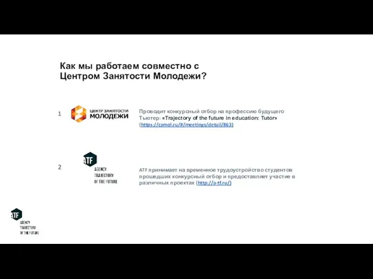 Как мы работаем совместно с Центром Занятости Молодежи? 1 Проводит конкурсный отбор