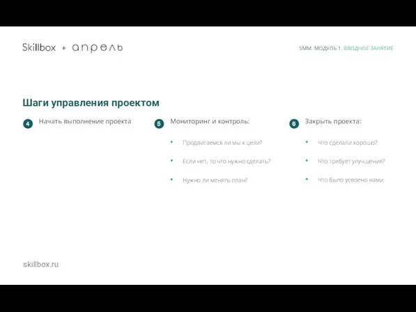 skillbox.ru + Шаги управления проектом Начать выполнение проекта SMM. МОДУЛЬ 1. ВВОДНОЕ ЗАНЯТИЕ