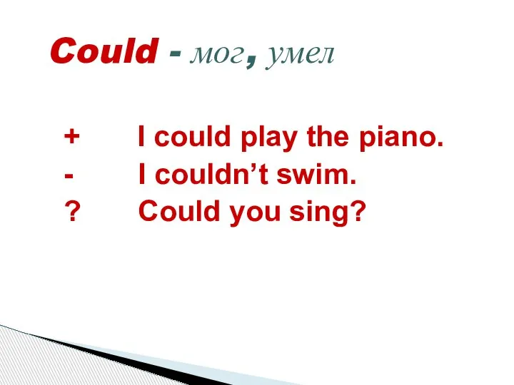 Could - мог, умел + I could play the piano. - I