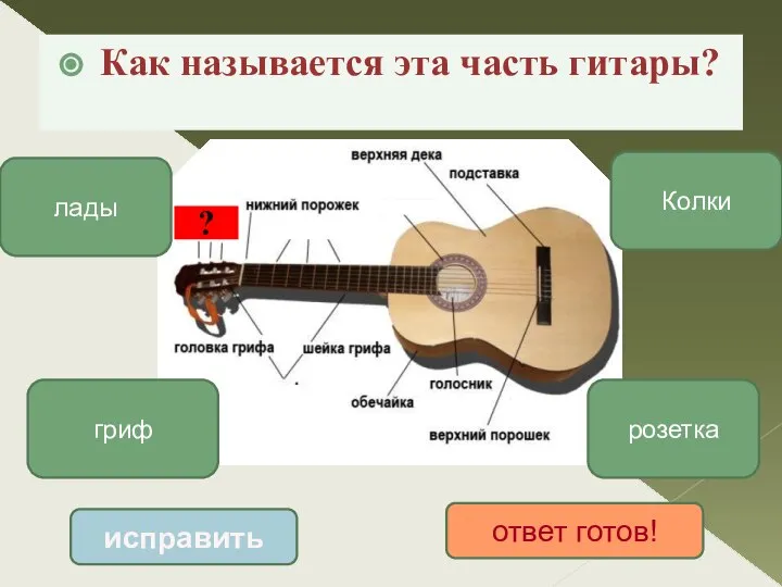 Как называется эта часть гитары? исправить ответ готов! гриф лады Колки розетка ?