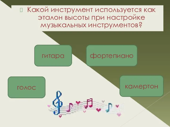 Какой инструмент используется как эталон высоты при настройке музыкальных инструментов? камертон гитара фортепиано голос