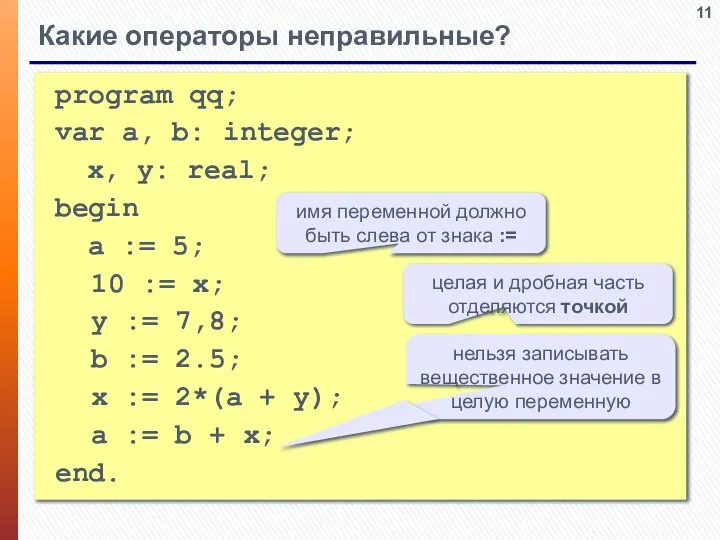 program qq; var a, b: integer; x, y: real; begin a :=