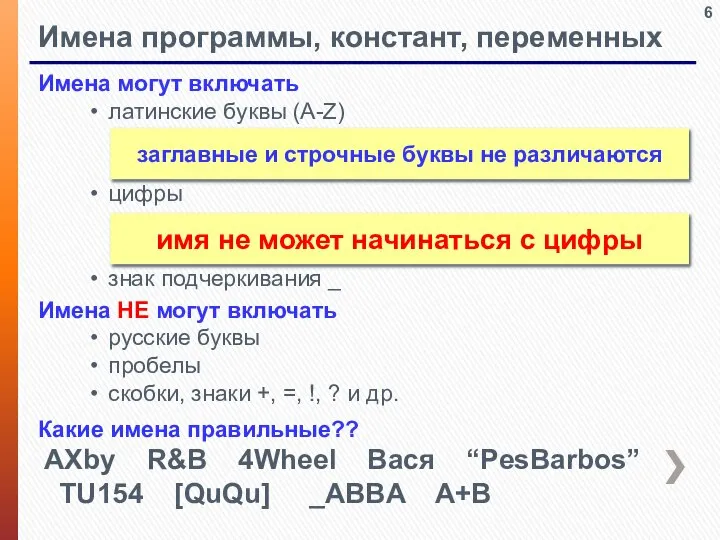 Имена программы, констант, переменных Имена могут включать латинские буквы (A-Z) цифры знак