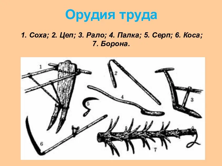 Орудия труда 1. Соха; 2. Цеп; 3. Рало; 4. Палка; 5. Серп; 6. Коса; 7. Борона.