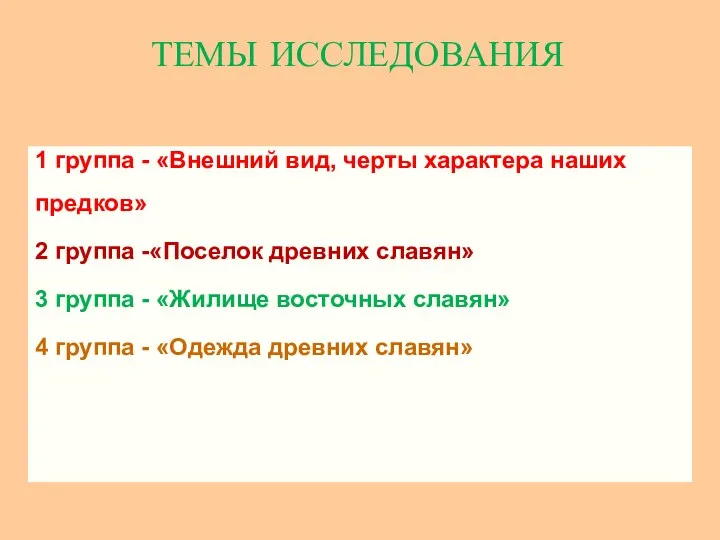 1 группа - «Внешний вид, черты характера наших предков» 2 группа -«Поселок