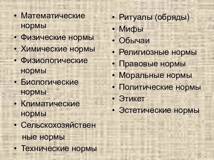 Математические нормы Физические нормы Химические нормы Физиологические нормы Биологические нормы Климатические нормы