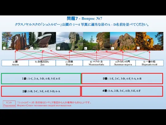 クラスノヤルスクの「シュトルビー」公園の 1〜4 写真に適当な岩のA – D名前を並べてください。 問題７ - Вопрос №7 １番： 1-С, 2-А,