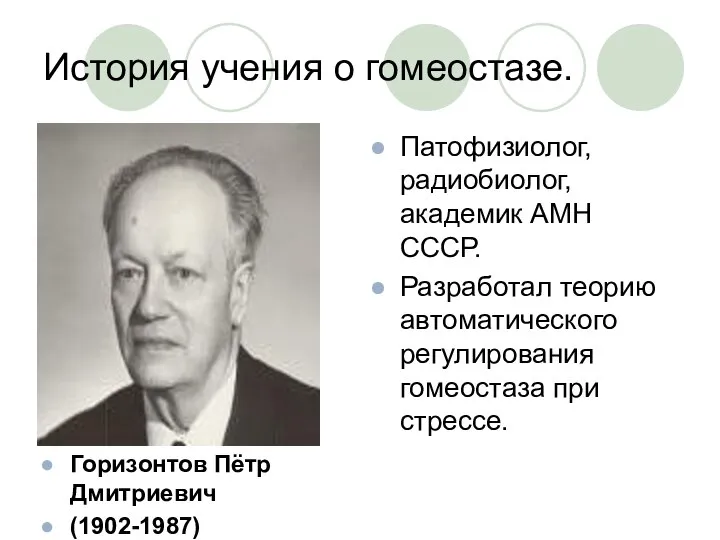 История учения о гомеостазе. Горизонтов Пётр Дмитриевич (1902-1987) Патофизиолог, радиобиолог, академик АМН