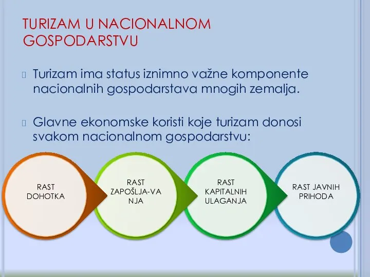 TURIZAM U NACIONALNOM GOSPODARSTVU Turizam ima status iznimno važne komponente nacionalnih gospodarstava