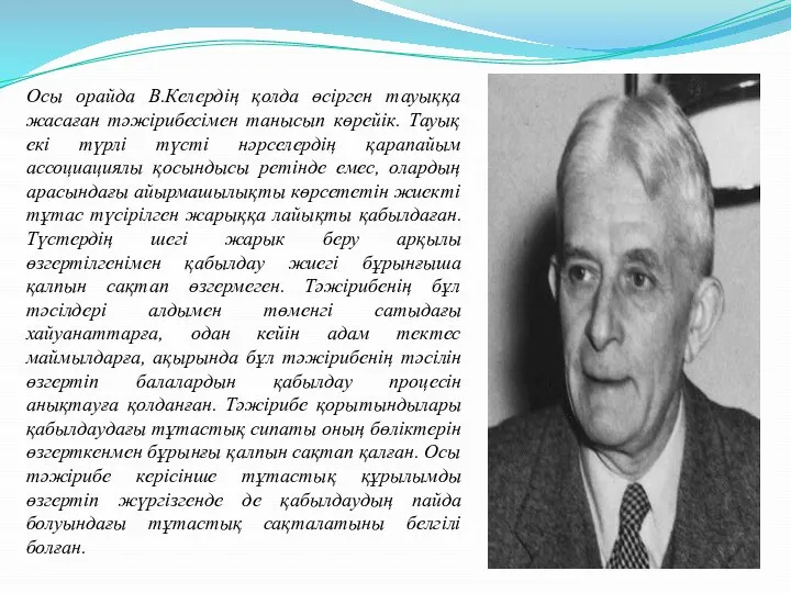 Осы орайда В.Келердің қолда өсірген тауыққа жасаған тәжірибесімен танысып көрейік. Тауық екі