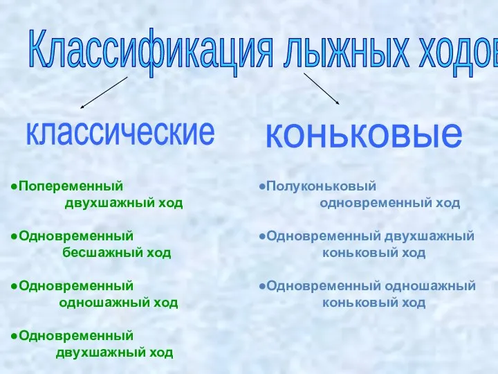 Классификация лыжных ходов классические коньковые Попеременный двухшажный ход Одновременный бесшажный ход Одновременный