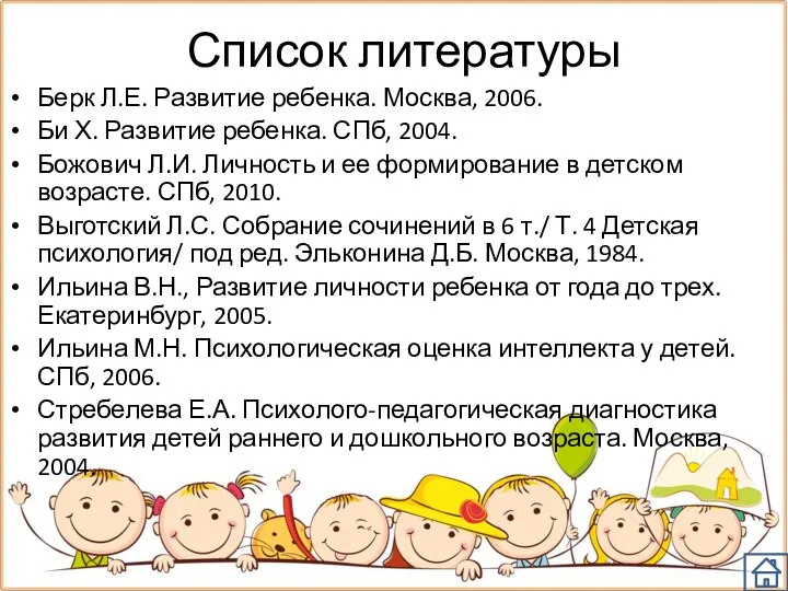 Список литературы Берк Л.Е. Развитие ребенка. Москва, 2006. Би Х. Развитие ребенка.