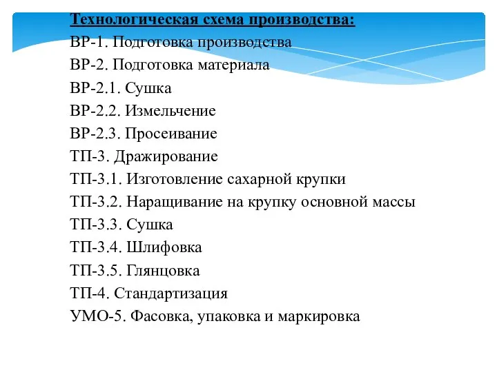 Технологическая схема производства: ВР-1. Подготовка производства ВР-2. Подготовка материала ВР-2.1. Сушка ВР-2.2.