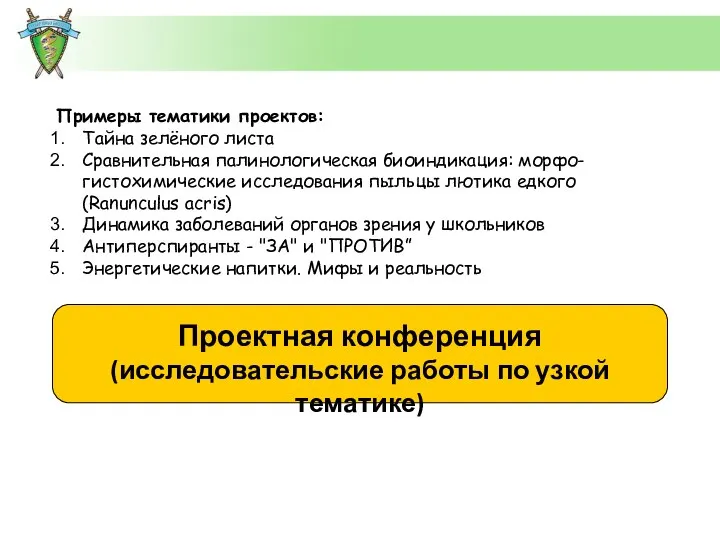 Примеры тематики проектов: Тайна зелёного листа Сравнительная палинологическая биоиндикация: морфо-гистохимические исследования пыльцы