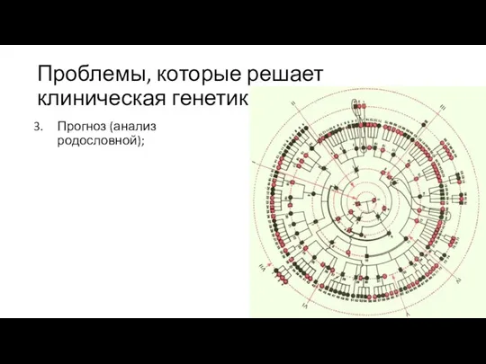 Проблемы, которые решает клиническая генетика Прогноз (анализ родословной);