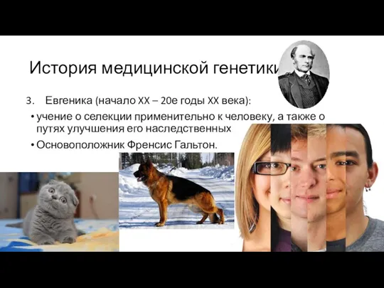 История медицинской генетики Евгеника (начало XX – 20е годы XX века): учение