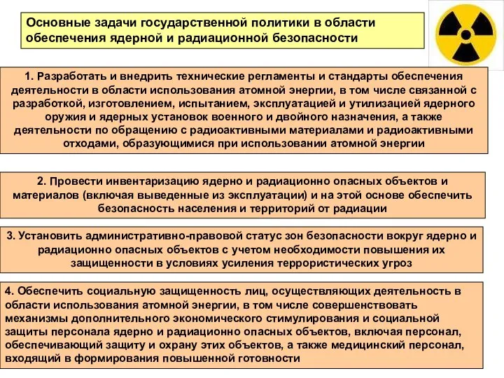 Основные задачи государственной политики в области обеспечения ядерной и радиационной безопасности 1.