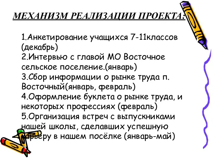 МЕХАНИЗМ РЕАЛИЗАЦИИ ПРОЕКТА: 1.Анкетирование учащихся 7-11классов (декабрь) 2.Интервью с главой МО Восточное