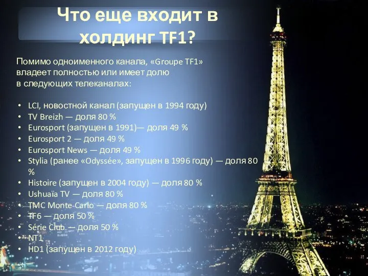 Что еще входит в холдинг TF1? Помимо одноименного канала, «Groupe TF1» владеет