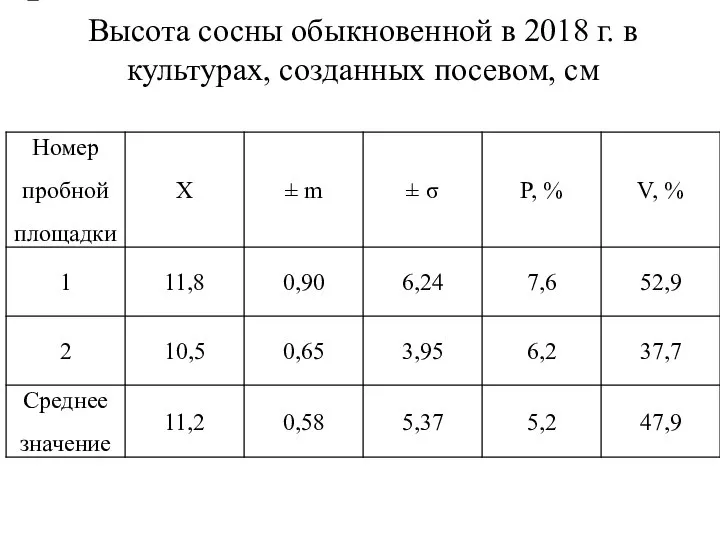 Высота сосны обыкновенной в 2018 г. в культурах, созданных посевом, см