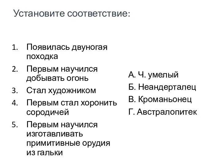 Установите соответствие: Появилась двуногая походка Первым научился добывать огонь Стал художником Первым