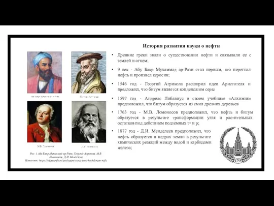 Рис. 1 Абу Бакр Мухаммад ар-Рази, Георгий Агрикола, М.В. Ломоносов, Д.И. Менделеев