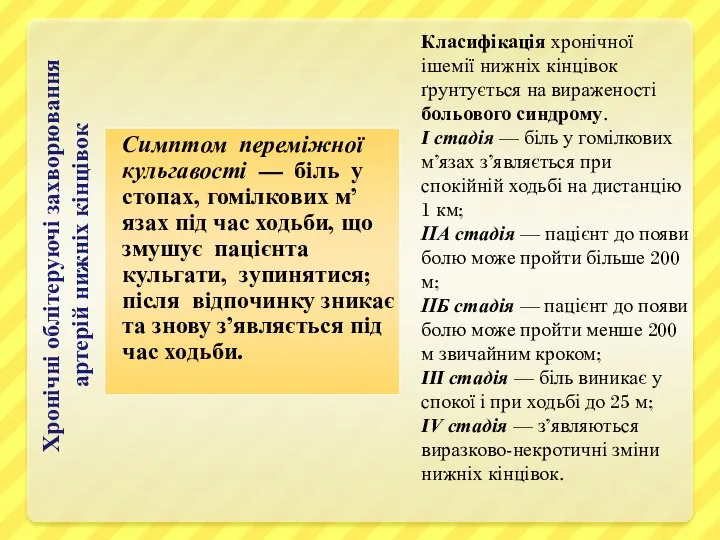 Хронічні облітеруючі захворювання артерій нижніх кінцівок Симптом переміжної кульгавості — біль у