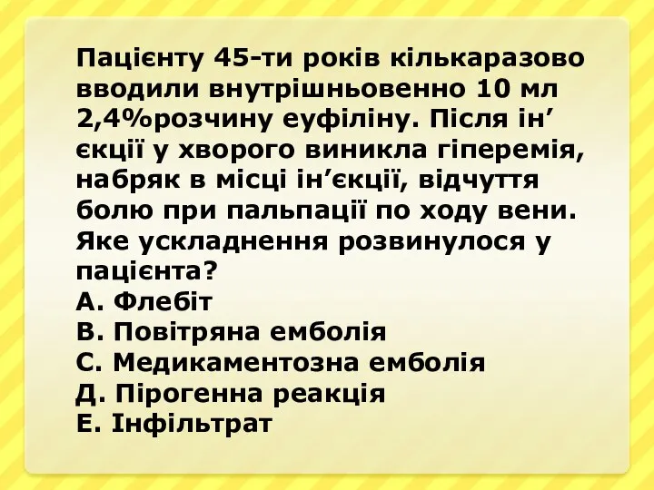 Пацiєнту 45-ти рокiв кiлькаразово вводили внутрiшньовенно 10 мл 2,4%розчину еуфiлiну. Пiсля iн’єкцiї