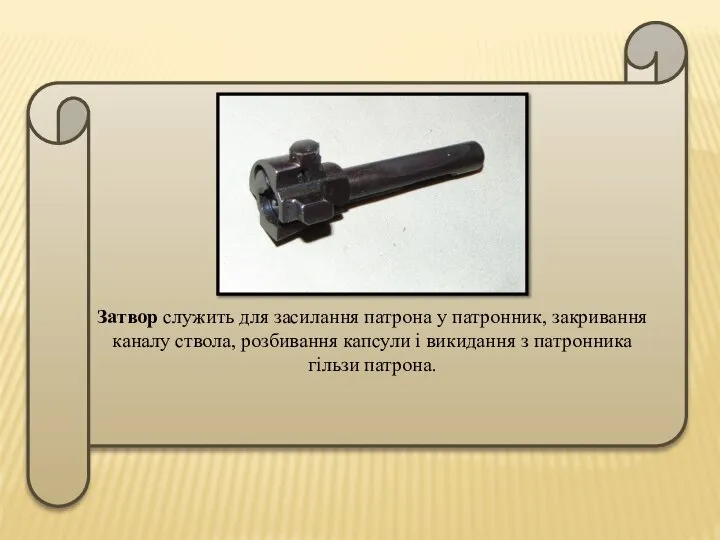 Затвор служить для засилання патрона у патронник, закривання каналу ствола, розбивання капсули