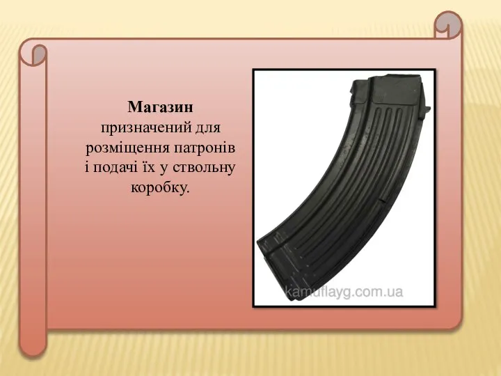 Магазин призначений для розміщення патронів і подачі їх у ствольну коробку.