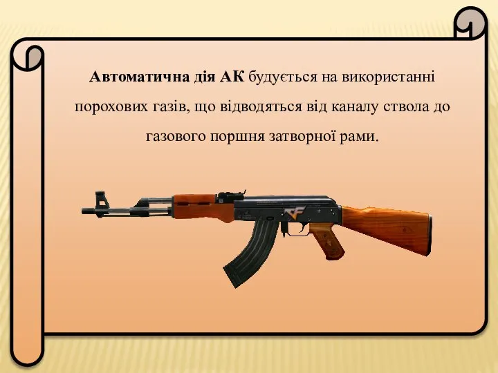 Автоматична дія АК будується на використанні порохових газів, що відводяться від каналу