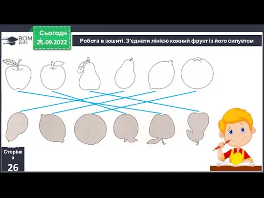 21.09.2022 Сьогодні Робота в зошиті. З’єднати лінією кожний фрукт із його силуетом Зошит. Сторінка 26