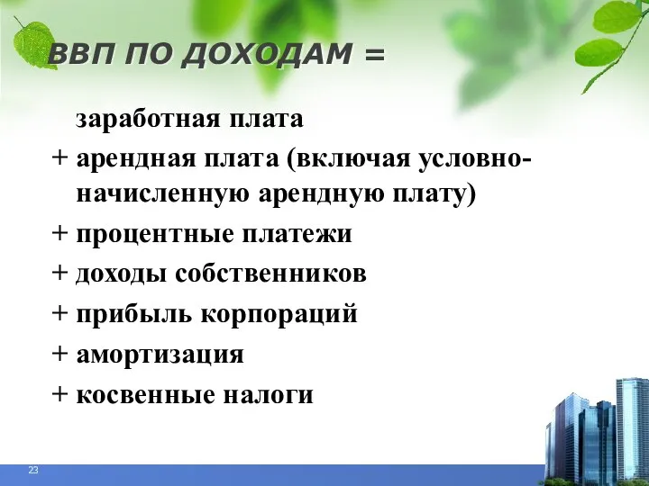 ВВП ПО ДОХОДАМ = заработная плата + арендная плата (включая условно-начисленную арендную