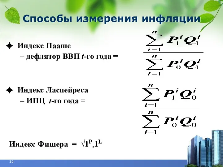 Способы измерения инфляции Индекс Пааше – дефлятор ВВП t-го года = Индекс