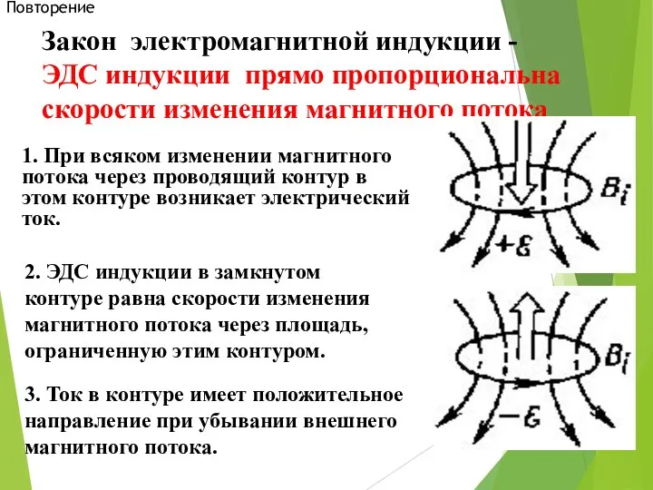 Закон электромагнитной индукции - ЭДС индукции прямо пропорциональна скорости изменения магнитного потока