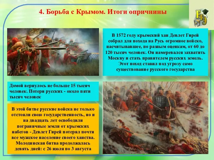 4. Борьба с Крымом. Итоги опричнины В 1572 году крымский хан Девлет