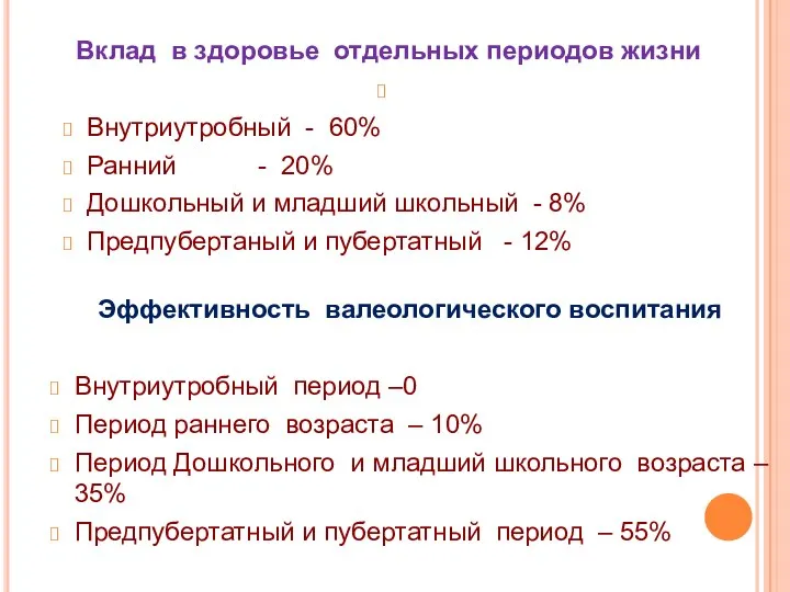 Вклад в здоровье отдельных периодов жизни Внутриутробный - 60% Ранний - 20%