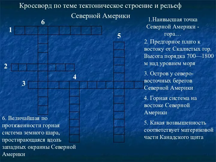 Кроссворд по теме тектоническое строение и рельеф Северной Америки 2. Предгорное плато