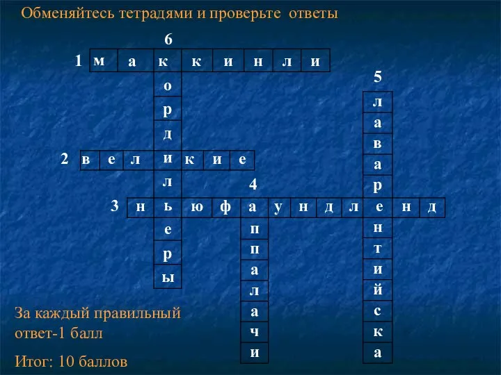 Обменяйтесь тетрадями и проверьте ответы За каждый правильный ответ-1 балл Итог: 10 баллов