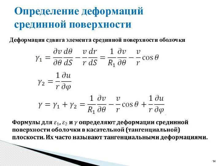 Определение деформаций срединной поверхности Деформация сдвига элемента срединной поверхности оболочки