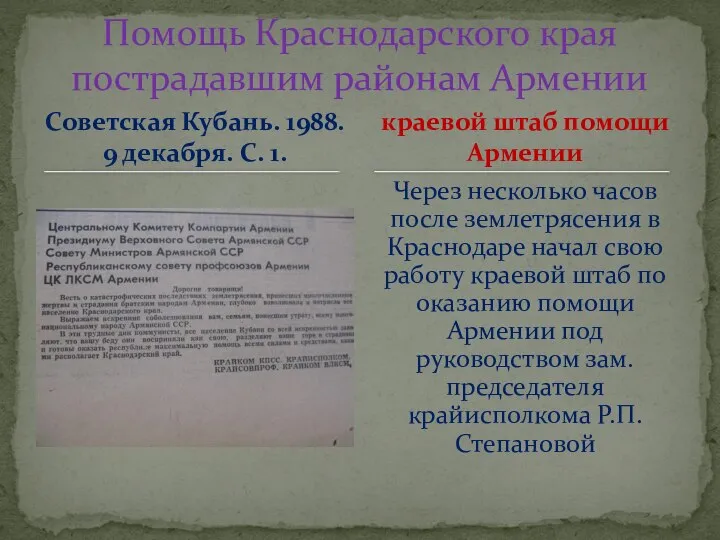 Советская Кубань. 1988. 9 декабря. С. 1. Через несколько часов после землетрясения