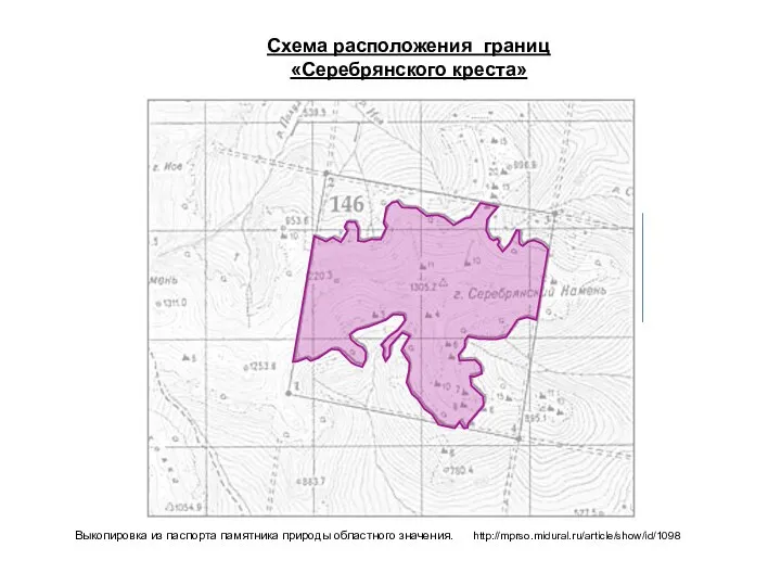 Схема расположения границ «Серебрянского креста» Выкопировка из паспорта памятника природы областного значения. http://mprso.midural.ru/article/show/id/1098