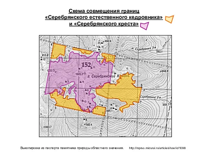 Схема совмещения границ «Серебрянского естественного кедровника» и «Серебрянского креста» Выкопировка из паспорта